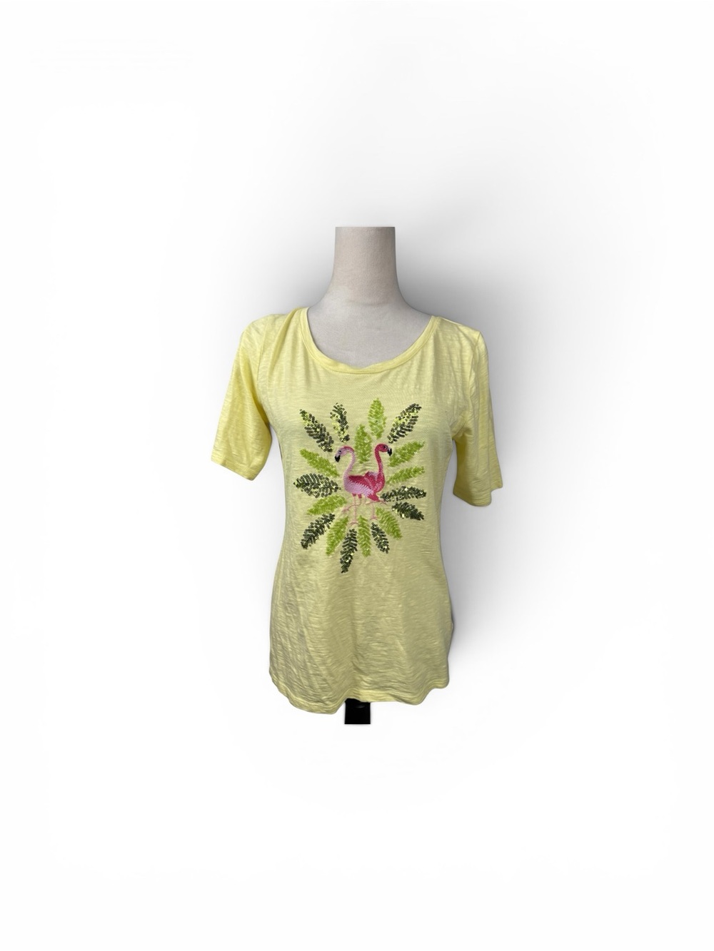 Talbots Yellow Short Sleeve Tee with Pink Flamingo Graphic size small